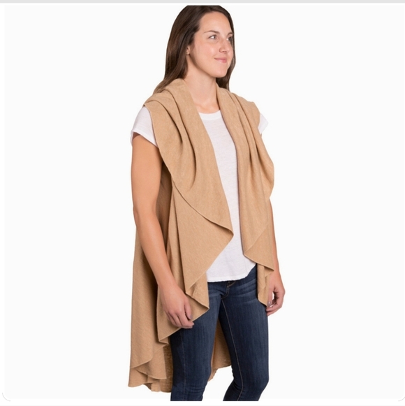 Sweaters - Tan Long Shrug with Open Front and Shawl Collar